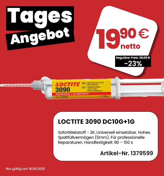 Tagesangebot: LOCTITE® 3090 – Profi-Sofortkleber für nur 19,90 EUR netto* (statt 29,09 EUR) – *Du sparst 23%!*