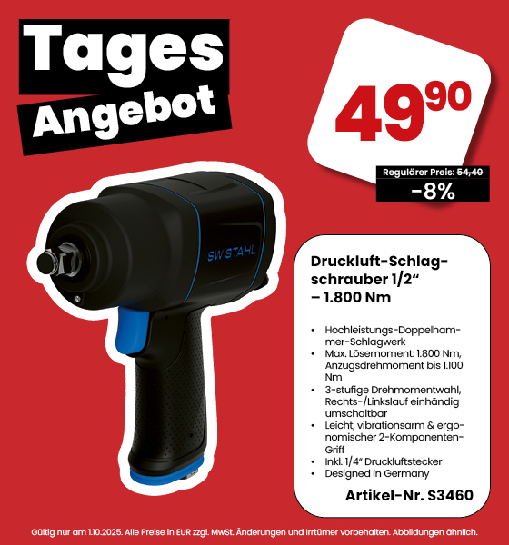 Tagesangebot: SW-Stahl Druckluft-Schlagschrauber 1/2" – 1.800 Nm für nur 49,90 EUR netto